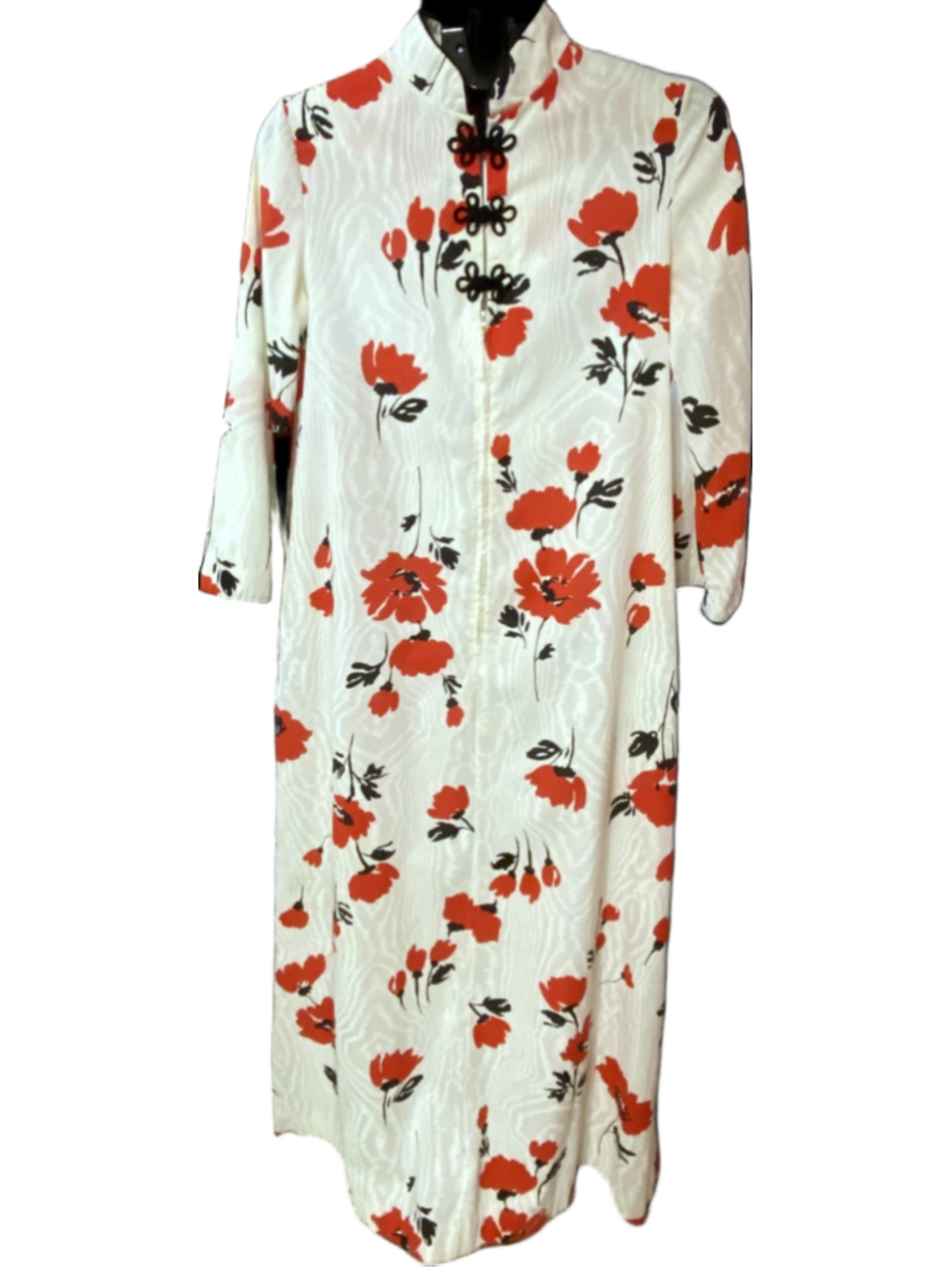 David Brown California Vintag Cheongsam Dress Sm Cream Red Poppy Floral w/ Pkts